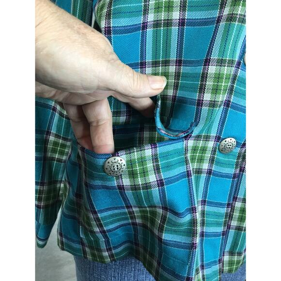 Southern‎ Lady Top Shacket Womens 8 Flannel Button Down Teal Blue & Green Plaid - Picture 11 of 15